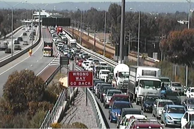 Lines of cars and trucks banked up near the Northbridge Tunnel