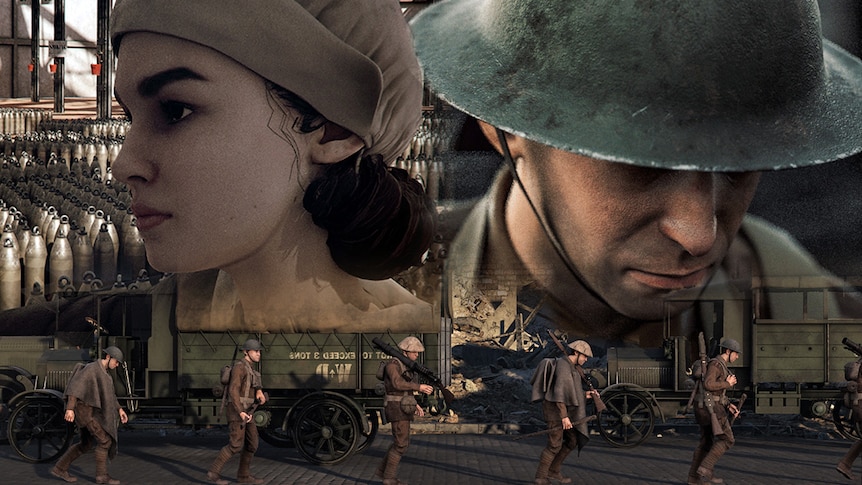 Screenshot from Days in Conflict, soldier and woman, row of soldiers