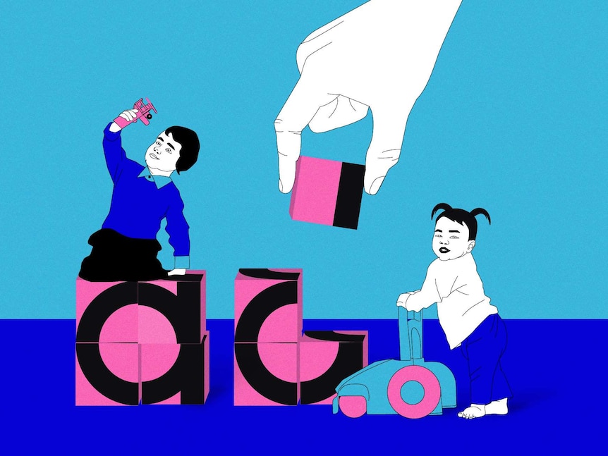 An illustration of two children playing on large blocks with a white hand appearing from the top to put a block down.