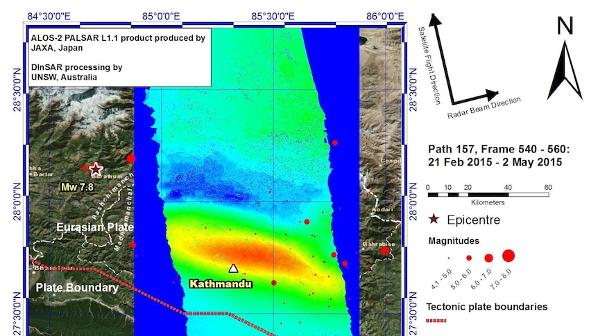 Satellite images show where the peak displacement from the Nepal earthquake has occurred.