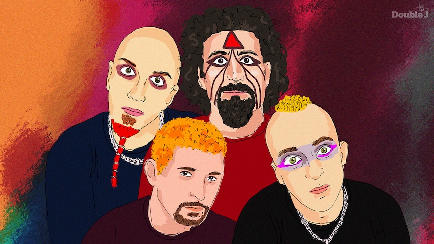 A digital portrait of the band wearing makeup and with interesting hairstyles.