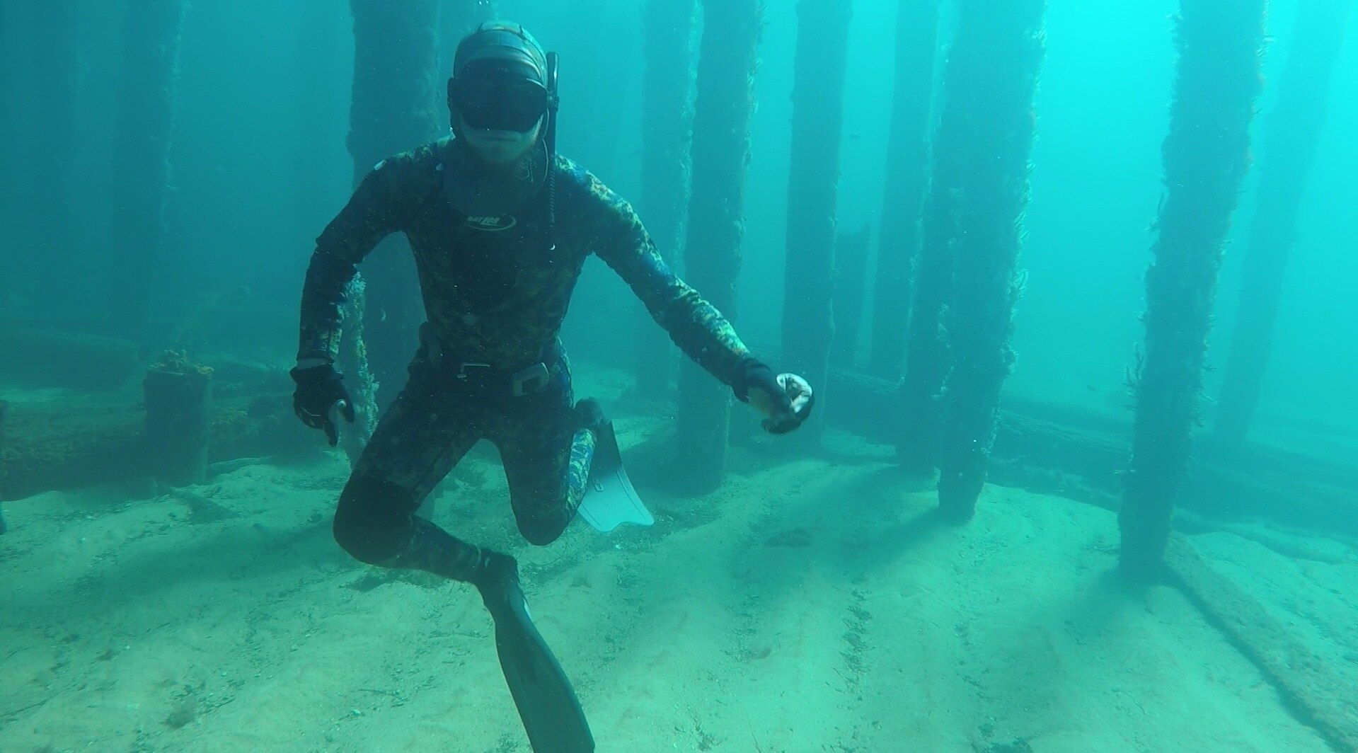 An underwater shot of a man freediving in the ocean.