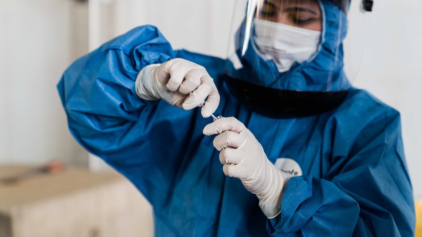 一名澳大利亚临床实验室工作人员将鼻拭子放入小瓶中进行 COVID-19 测试。