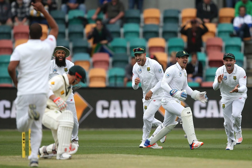 South African players celebrate the wicket of Australia's David Warner on day one at Bellerive