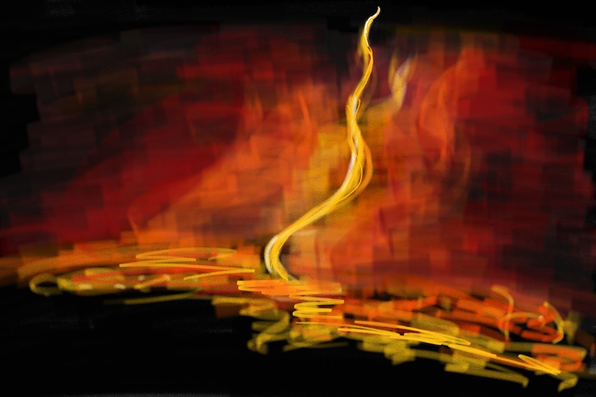 drawing of a tongue of fire reaching up into the sky