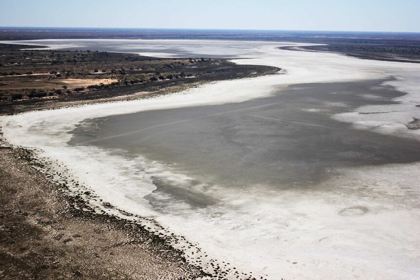 A very high aerial shot of a very salty Lake Hope, 2016.