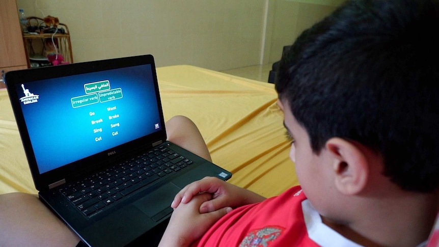 A child looking at a computer screen, doing an English language lesson