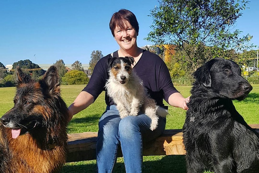 Artist Melissa Beowulf sitting with three dogs