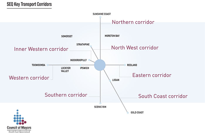 A map showing the main transport corridors of South East Queensland.