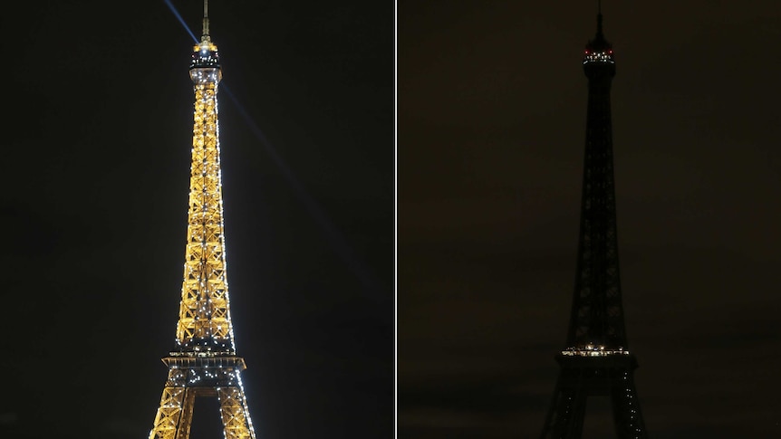 Before and After: The lights are dimmed at the world-famous Eiffel Tower in Paris for Earth Hour on March 28, 2015