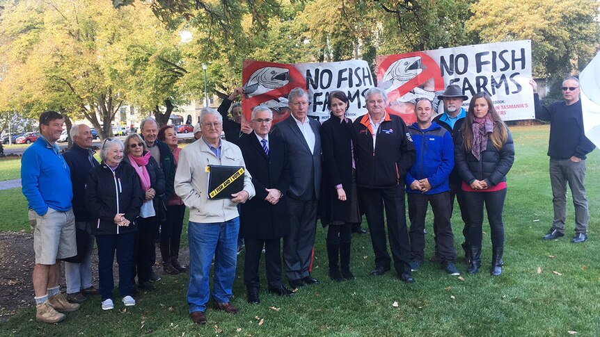 People gathered in a Hobart park to protest Tassal's salmon farming expansion plans.
