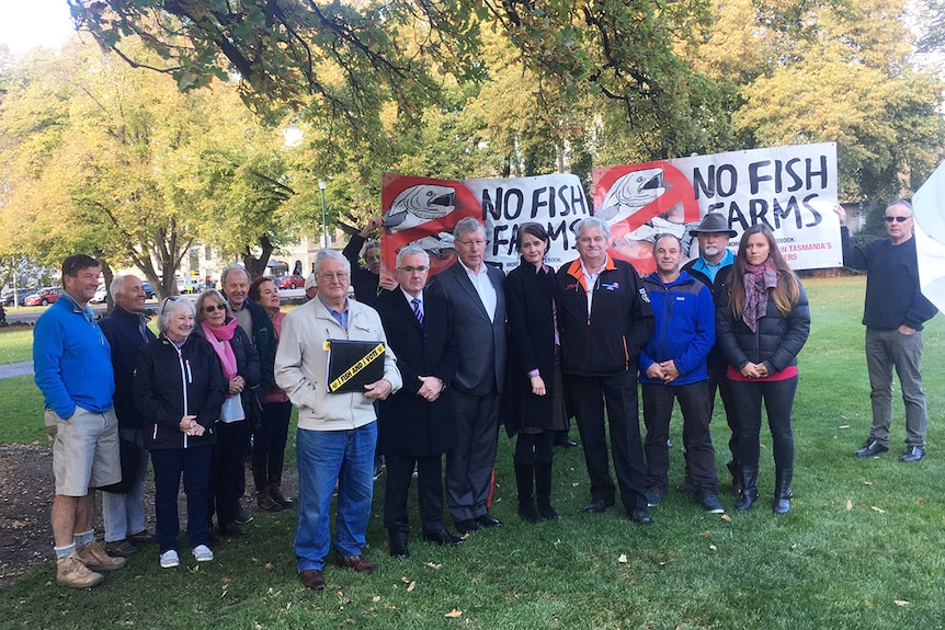 People gathered in a Hobart park to protest Tassal's salmon farming expansion plans.