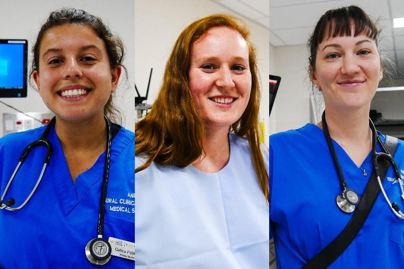 a collage of three women smiling wearing doctors scrubs