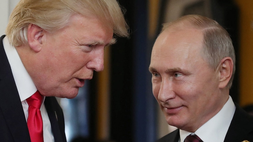 Close up of Donald Trump and Vladimir Putin in conversation 