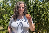 A white woman with curly grey hair in a grey t-shirt holds a bitten nectarine from her fruit tree.