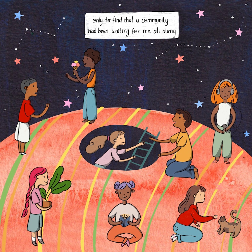 Illustration: Girl climbs onto planet, discovers other people. Text: Only to find a community had been waiting for me all along.