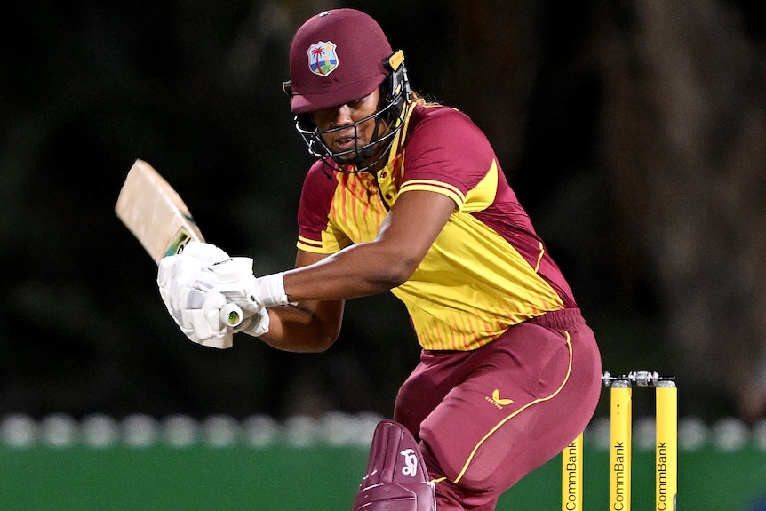 Hayley Matthews bats for West Indies in third T20I against Australia.