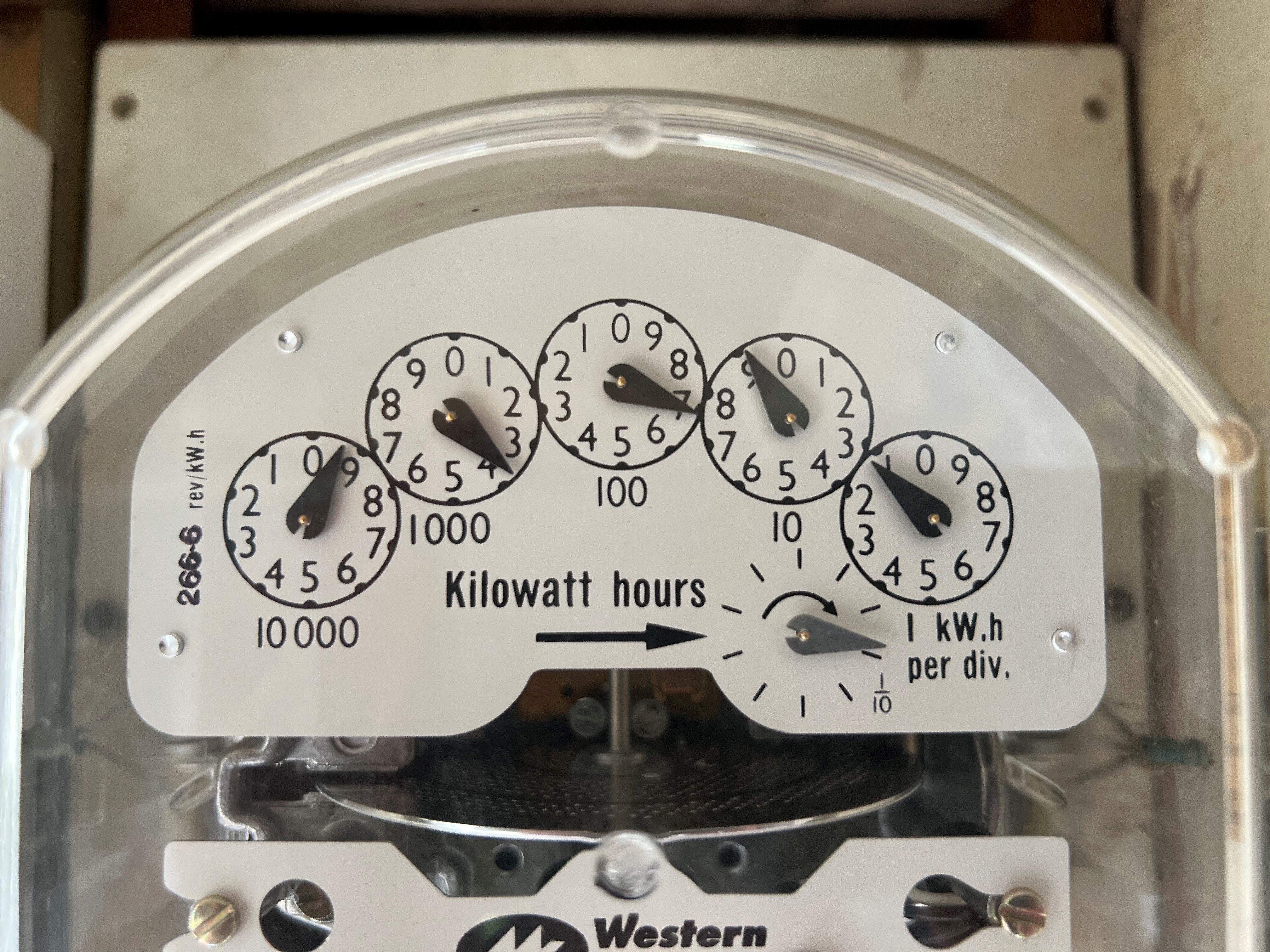 Ảnh chụp cận cảnh đồng hồ điện có mặt số tương tự hiển thị mức sử dụng