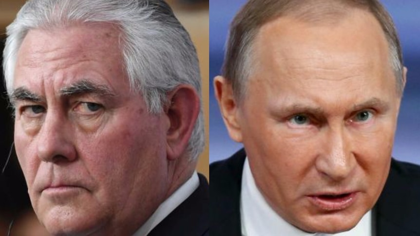 A composite image of Rex Tillerson and Vladimir Putin.