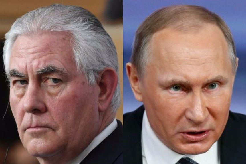 A composite image of Rex Tillerson and Vladimir Putin.