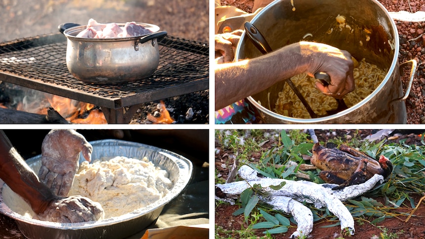 Four photos of food cooked on a campfire. 