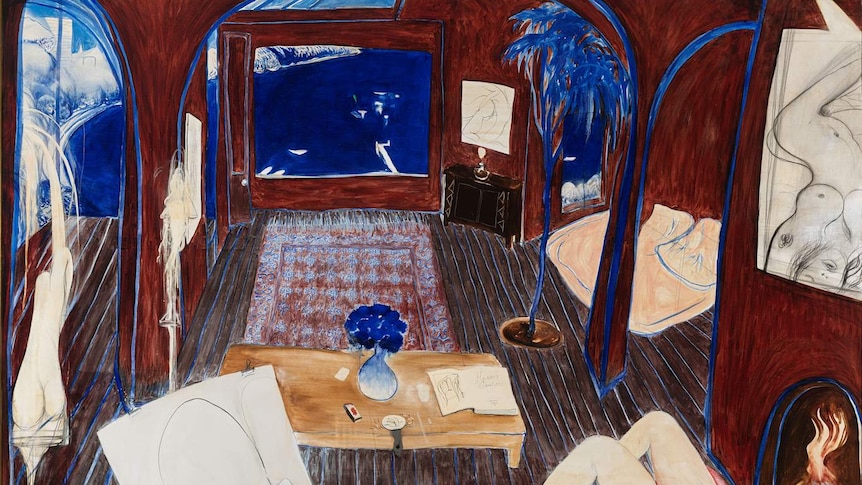 Painting in French ultramarine and dark blood red, showing interior of room looking out to Sydney harbour, from artist's view