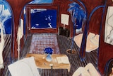 Painting in French ultramarine and dark blood red, showing interior of room looking out to Sydney harbour, from artist's view