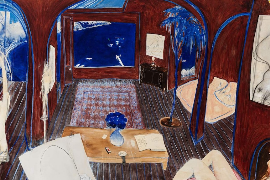 Painting in French ultramarine and dark blood red, showing interior of room looking out to Sydney harbour, from artist's view