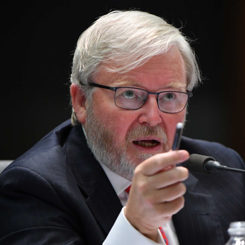 Man with grey hair and beard, wears glasses, points while speaking at microphone