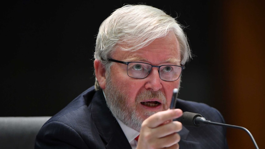 Man with grey hair and beard, wears glasses, points while speaking at microphone