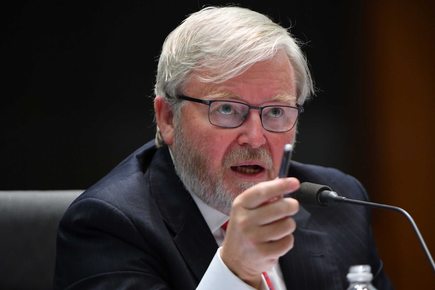 Man with grey hair and beard, wears glasses, points while speaking at microphone