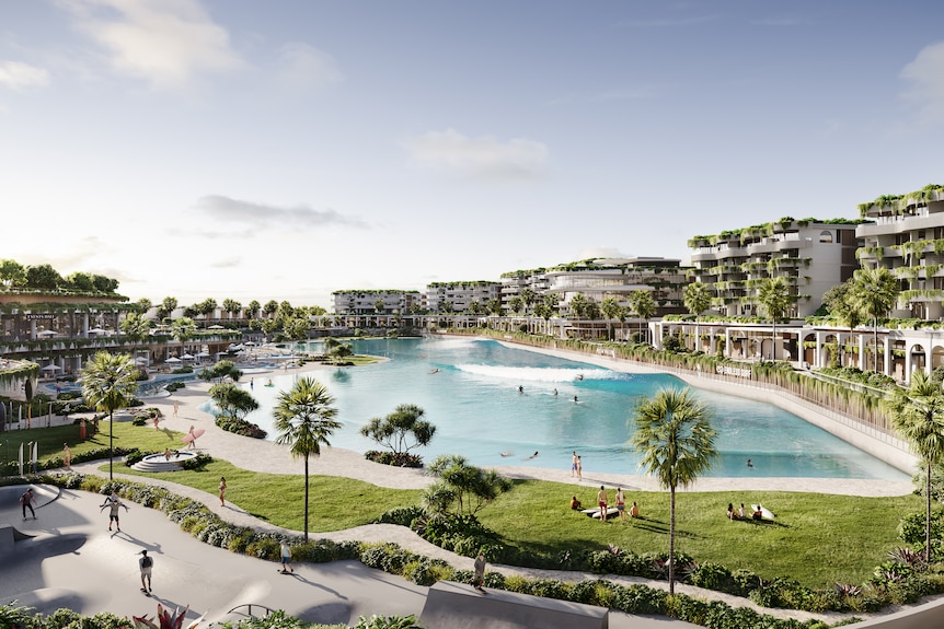 artist impressions of plans for a wave pool and resort on the Gold Coast