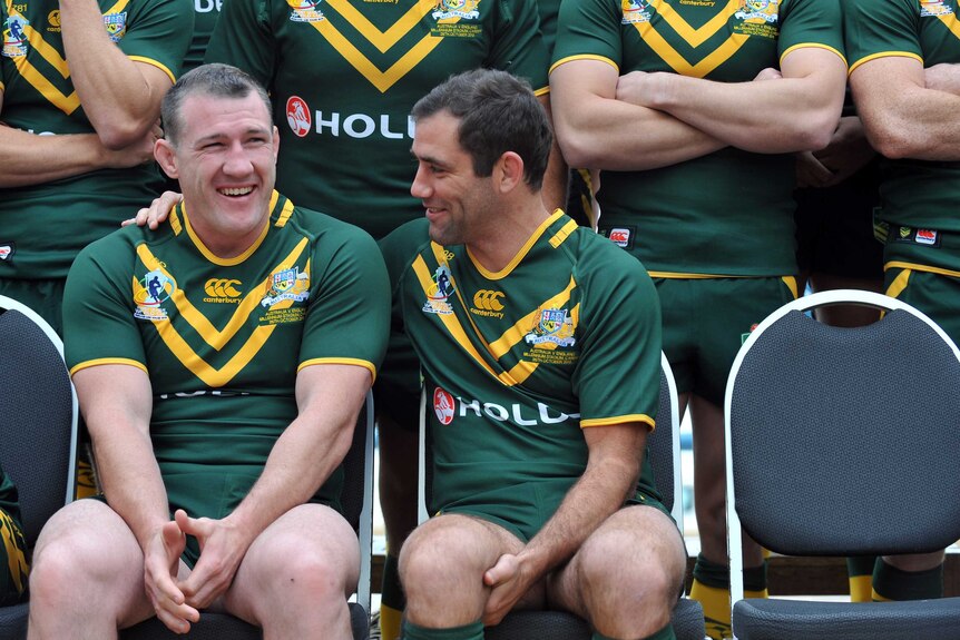 Paul Gallen and Cameron Smith share a laugh at Australia Kangaroos photoshoot