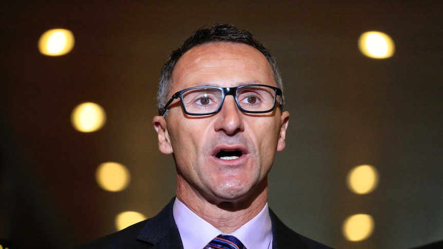 Greens Party leader Richard Di Natale mid-sentence speaking to parliament house reporters