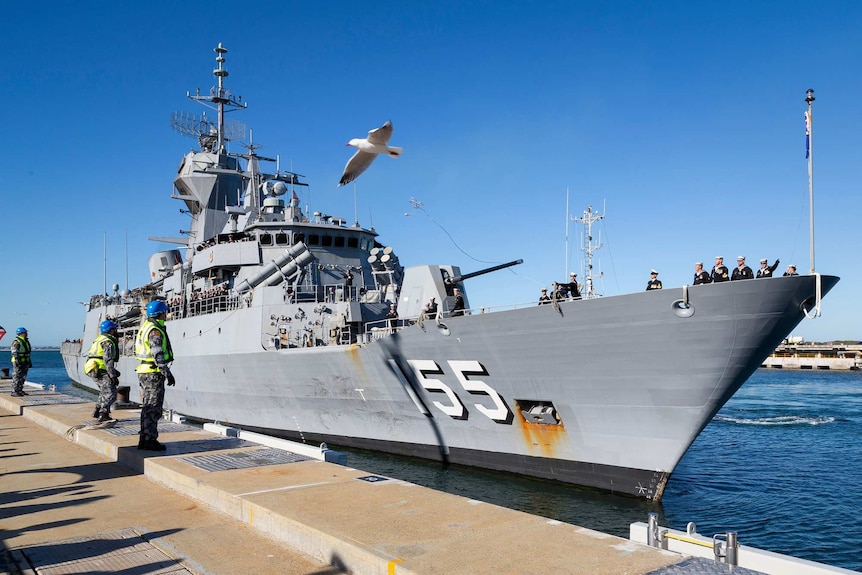 A docked frigate with a seagull flying past