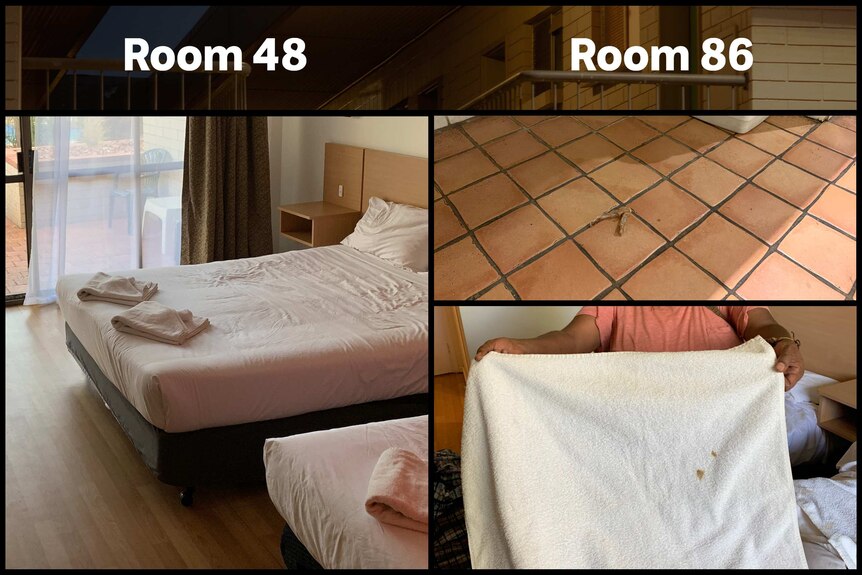 Photos of rooms 48 and 86, 48 is tidy and cleaned, in 86 a woman hold up a stained towel.