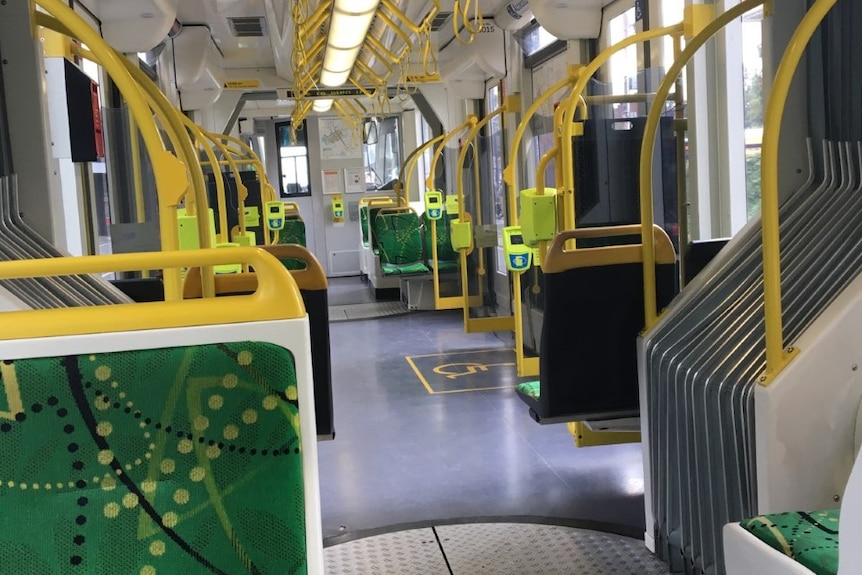 The inside of an empty tram in Brunswick.