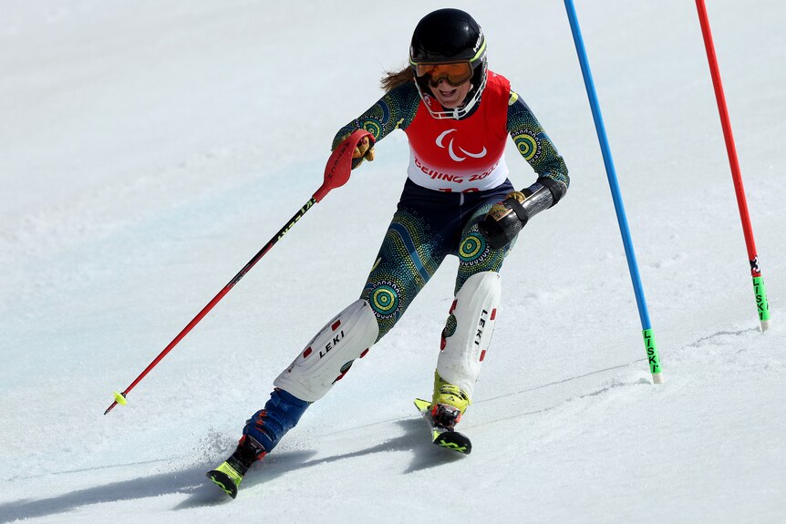 An Australian female para-alpine skier competing at the Beijing Winter Olympics.