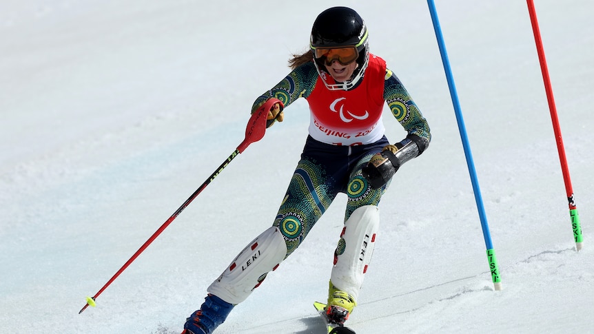 An Australian female para-alpine skier competing at the Beijing Winter Olympics.