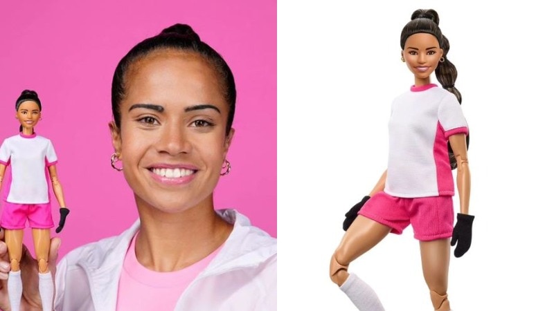 A composite image showing Mary Fowler holding her look-alike Barbie and a close up studio photo of the doll