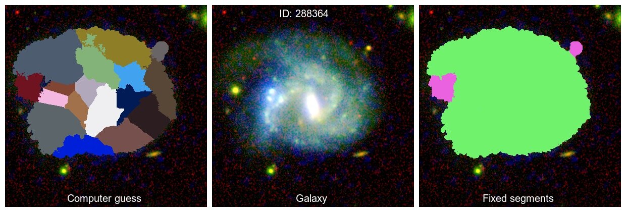 Three images show that the computer made an inaccurate guess when it was required to colour in the spiral galaxy.