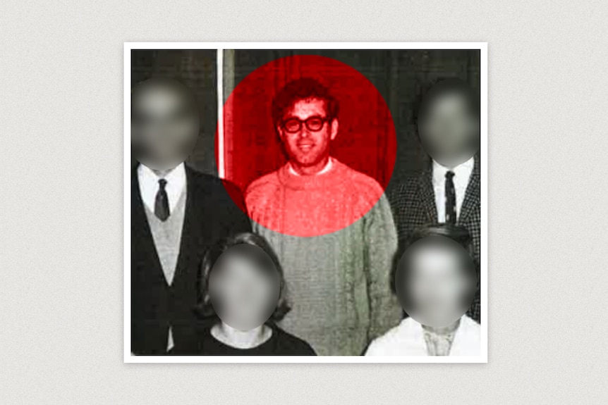 An old black and white group photo with a man in glasses and a woollen jumper spotlighted in red.