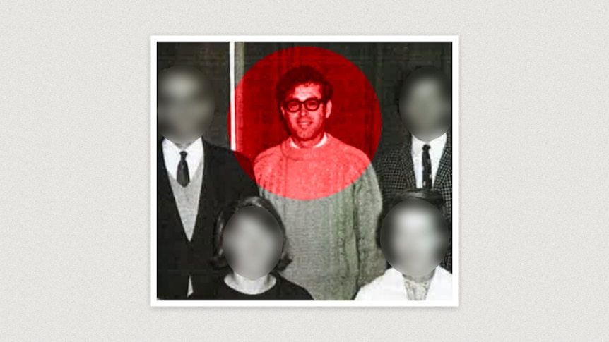 An old black and white group photo with a man in glasses and a woollen jumper spotlighted in red.