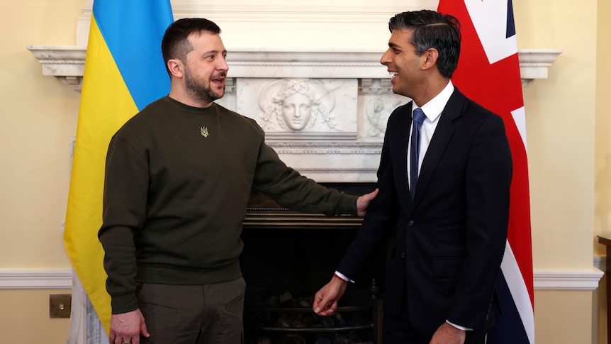 Zelenskyy reaches out to grasp Sunak's elbow as the pair smile at each other standing in front of their respective flags