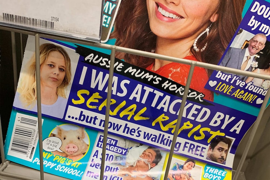 A magazine cover with several women on the front cover, along with text "I was attacked by a serial rapist"