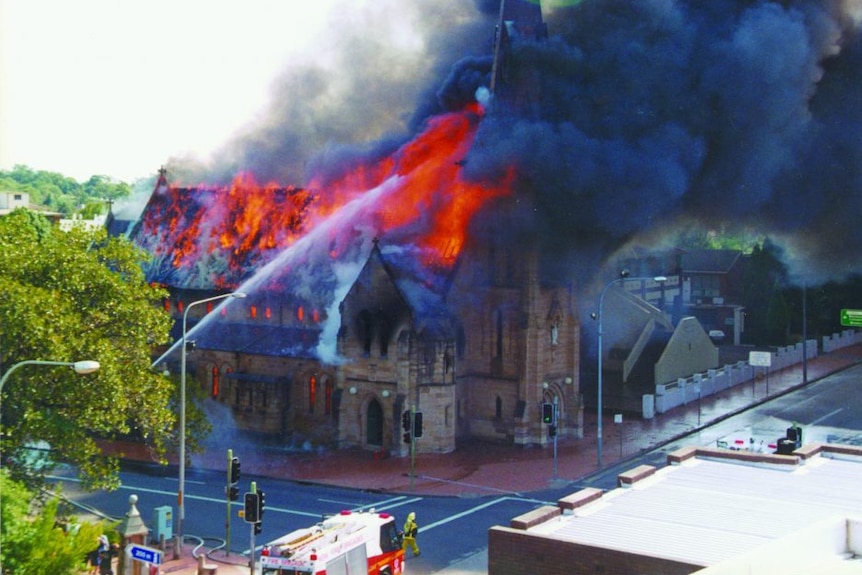 The St Patrick's Cathedral building in Parramatta goes up in flames