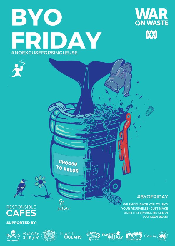 An aqua poster with a whale fin coming out of a garbage bin and 'byo friday' in the top left corner.