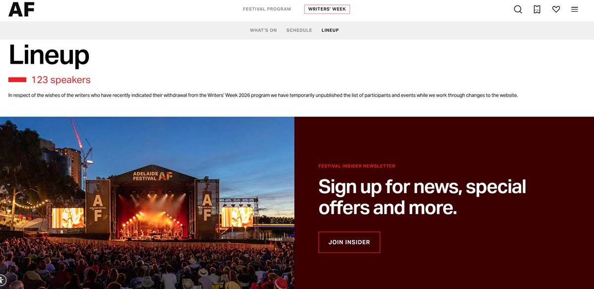 Uma captura de tela de um site onde costumava acontecer a Semana dos Escritores. 