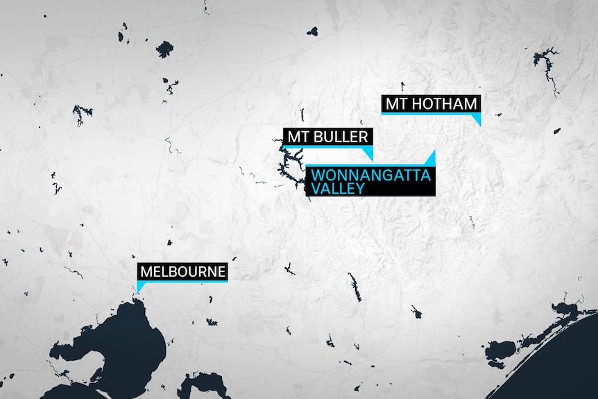 A map marking the Wonnangatta Valley, between Mt Hotham and Mt Buller, a little to the north.
