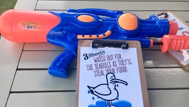 A blue and red water gun on a cafe table with a notice saying it can be used against seagulls.